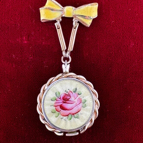 Vintage Extremely Rare Croton Broach Watch in 10K Rolled Gold with Pink Rose - Picture 1 of 8